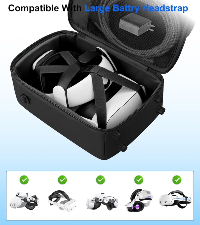 YRXVW حقيبة حمل كبيرة لـ Meta Quest 3S/3/2، متوافقة مع أحزمة رأس بطارية BOBOVR و Kiwi، حقيبة سفر VR مقاومة للماء والصدمات لتخزين الملحقات والمنزل والسفر - Image 3